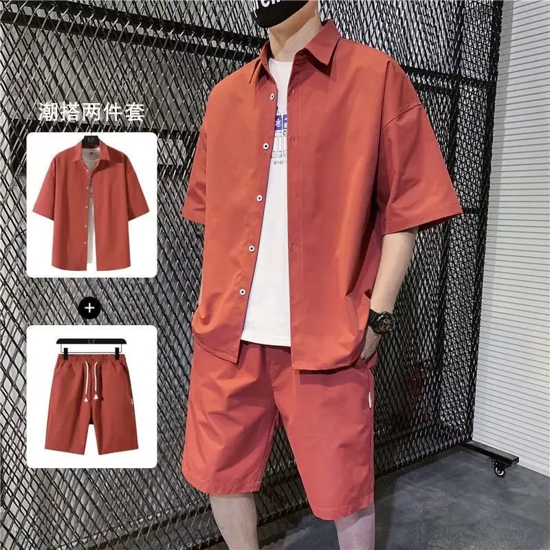 Japanese and Korean style short sleeved five point twopiece fashion summer young mens clothing 240812