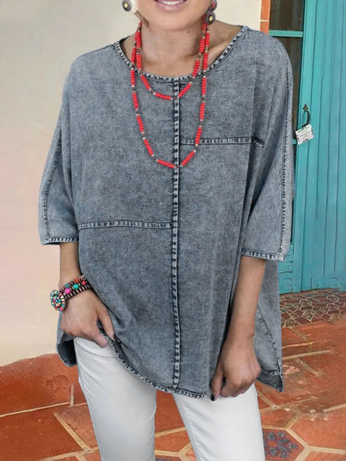 Womens Plus Size Denim Shirts Spring Fashion Half Sleeve Spliced Elegant Shirt Blouse Woven Cotton Shirt Chemise Blusas Tops 240812