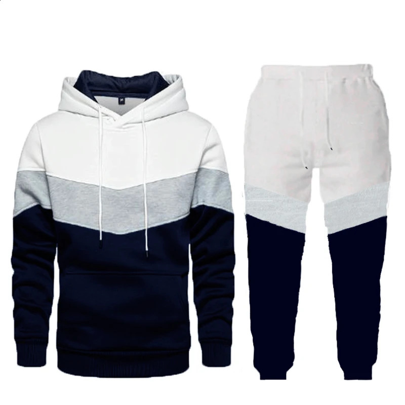 Autumn Winter Loose Casual Patchwork Hoodies Elastic Waist Sweatpants Set Male Fashion Pocket Pullover Hooded Top Pants Suit Men 240813