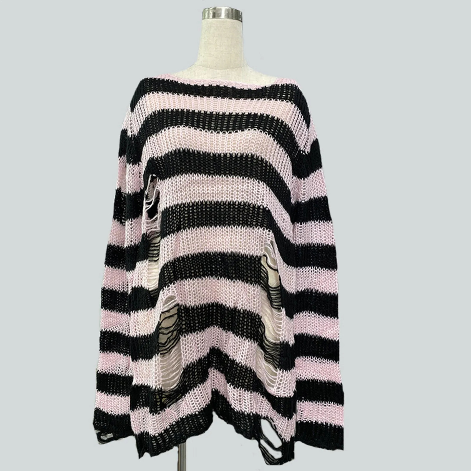 Goth Punk Gothic Sweater Oversized Pullovers Women Striped Cool Hollow Out Hole Broken Jumper Harajuku Aesthetics Sweate 240812