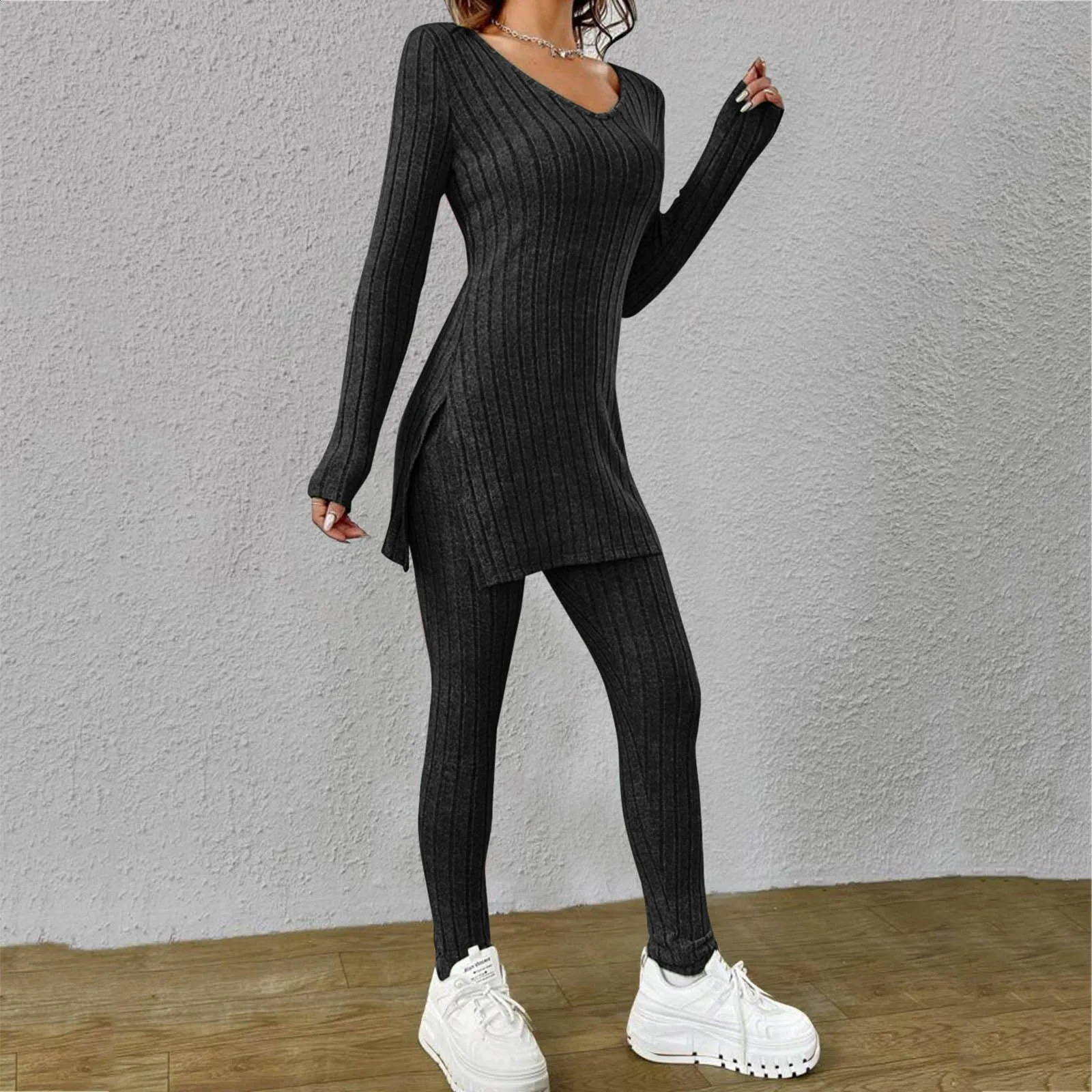 Spring Fashion Knit Suits 2024 Casual Loose PulloverElastic Long Pants Print Knitted Solid Color Two Pieces Sets Clothing 240813
