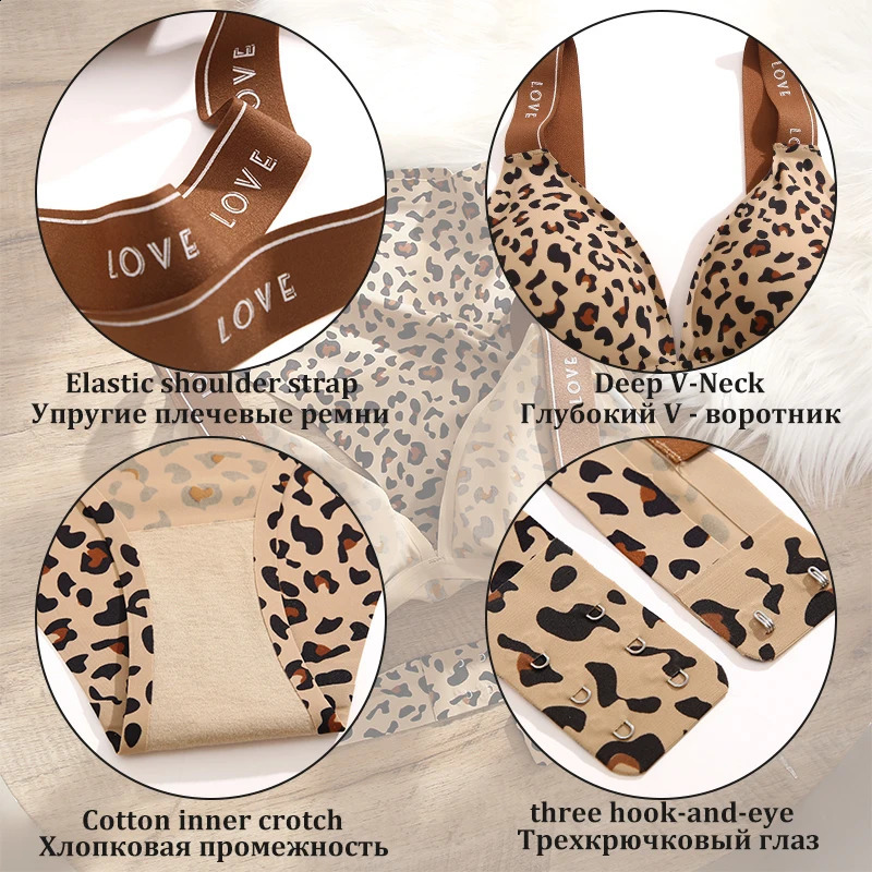 2PCSSet Women Sexy Leopard Print V-neck Bra Briefs Set Seamless Underwear Elastic Waist Belt Panty Lady Soft Intimates Lingerie 240812