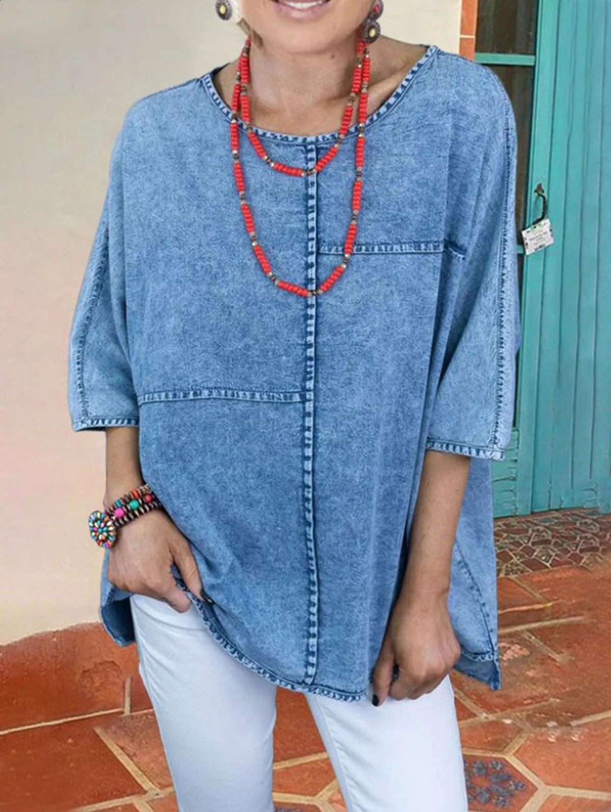 Womens Plus Size Denim Shirts Spring Fashion Half Sleeve Spliced Elegant Shirt Blouse Woven Cotton Shirt Chemise Blusas Tops 240812