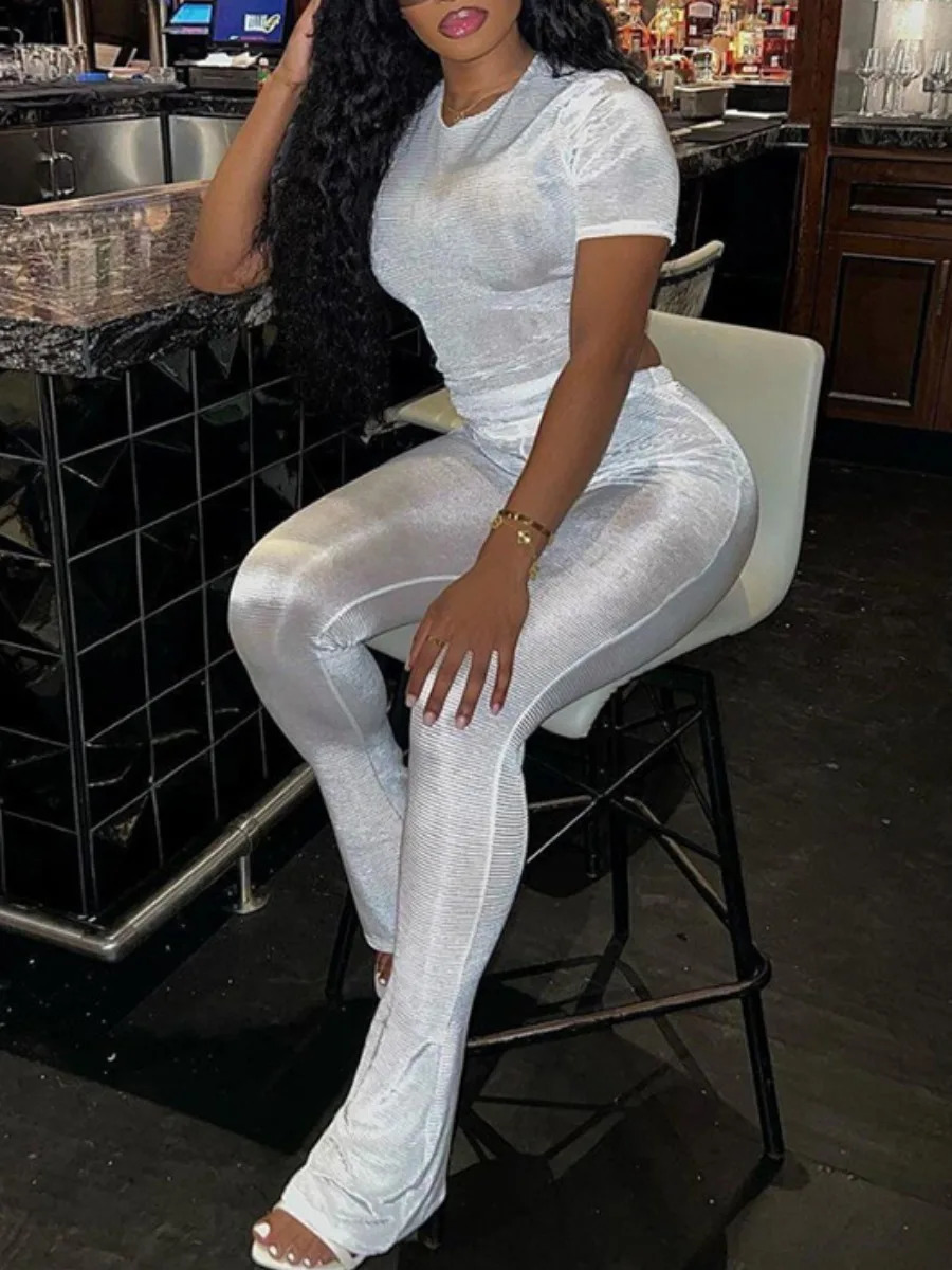 LW BASICS Round Neck Skinny Flared Pants Set Casual Spring Summer Solid Color Short Sleeve Boot Cut Two Pieces Outfit for Women 240813