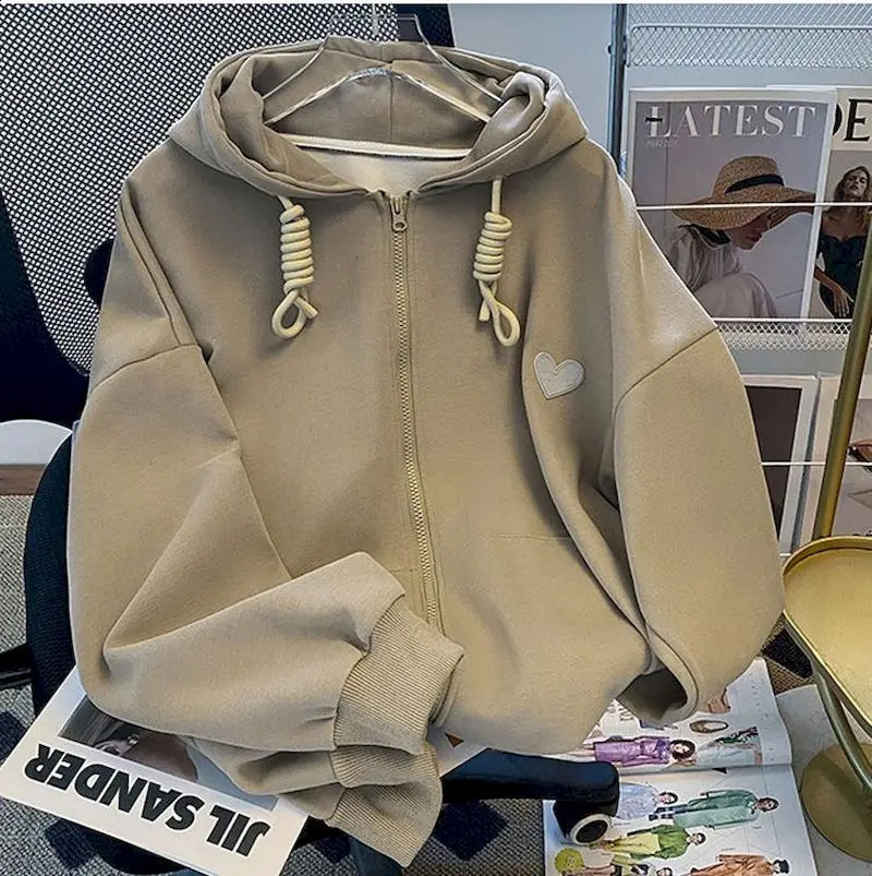 Fashion Drawstring Hoodies Women Autumn Winter Trend Hooded Coats Casual Loose Plush Thicken Cardigan Hoodie Zipper Jacket Woman 240812