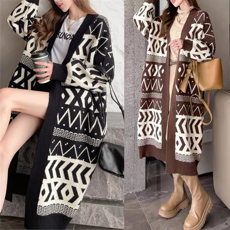 Women Sweater Cardigans Plaid Color Contrast Autumn Winter Knitted Korean Loose Oversize Long Sleeve Elegance Sweet Casual Coats 240813