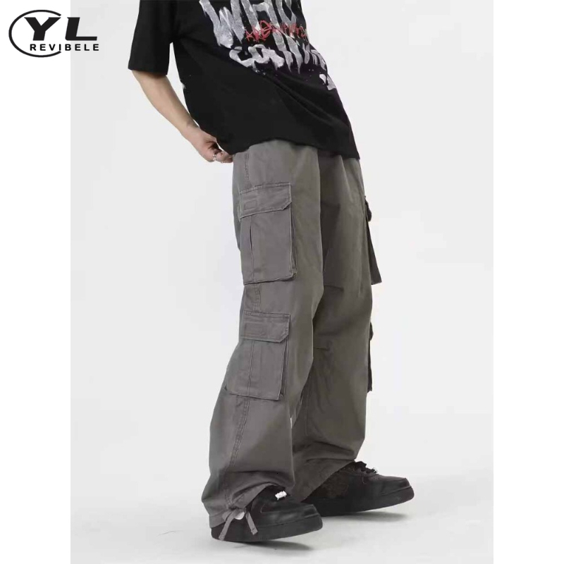 American multi pocket cargo pants mens Japanese retro bag straight casual jogging sports autumn style 240812