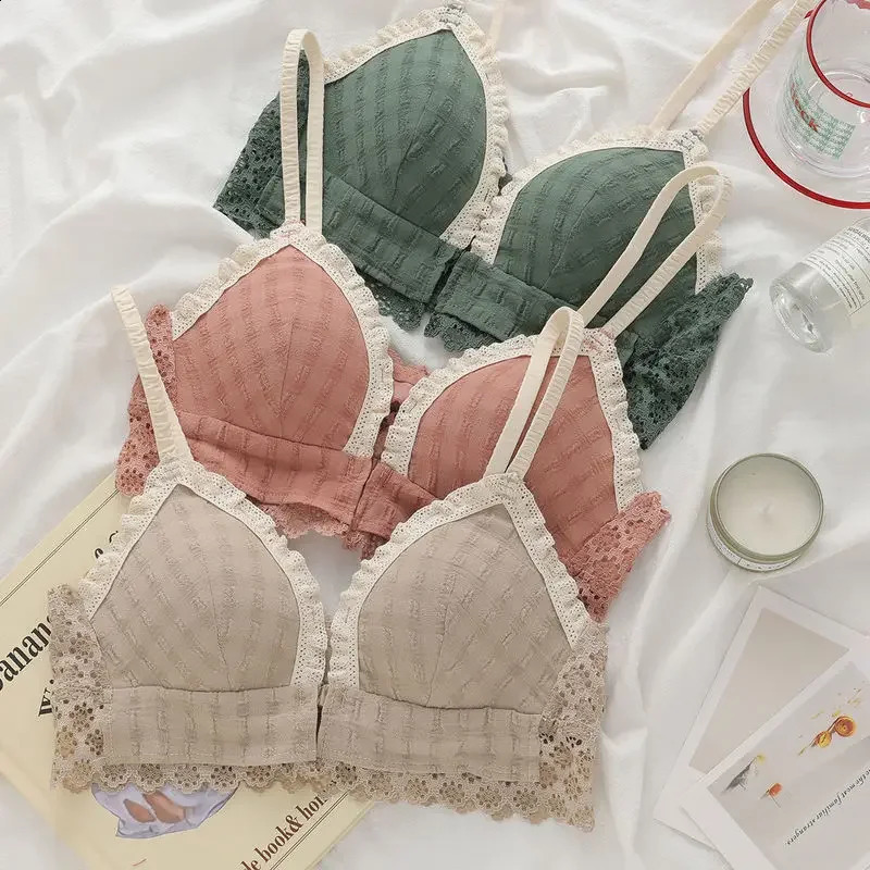 Japan Korean Front Closure Sweet Lace Bra Wire Free Comfortable Underwear Women Graceful Breathable Undies Lingerie Female 240812