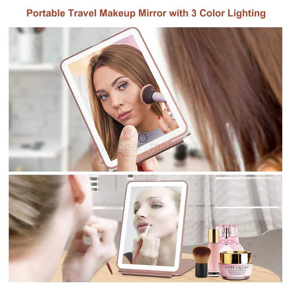 LED Travel Makeup Mirror 3 Colors Light USB Rechargeable Touch Screen Cute Portable Tabletop Cosmetic Mirror Ins PINK BeautifulXJ240813
