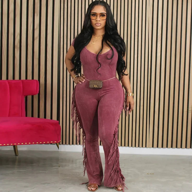 Casual Side Fringe Tassel One Piece Jumpsuit for Women Clothing V-neck Short Sleeve Skinny Flare Pants Rompers and Jumpsuits 240813