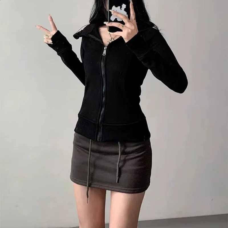 Casual Basic Zip Up Hooded Sweatshirt Y2k Jogger Mujer Solid Long Sleeve Hoodies Women Winter Fashion Slim Fleece Tops 240812