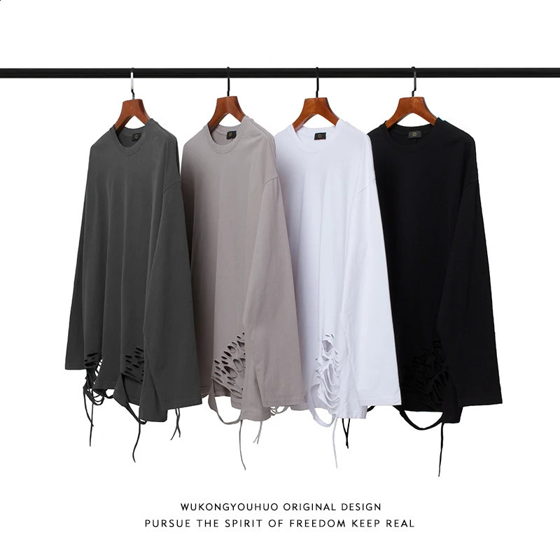 Fall Knife Cut Ripped Hole Long Sleeve Men Round Neck T Shirts Personality Hip Hop Punk Fashion Casual 2xl Oversized Streetwear 240812