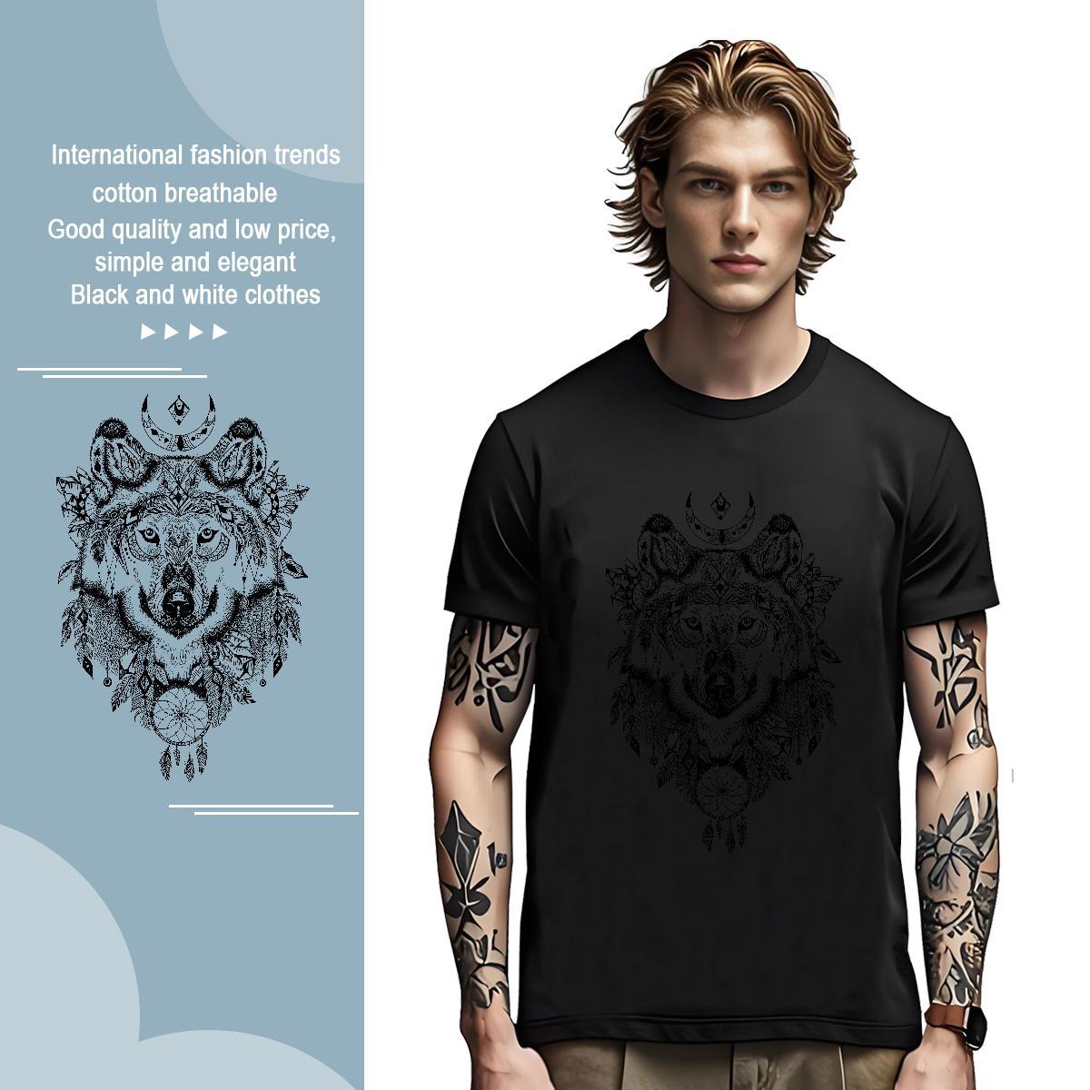 Unisex Mens T Shirts wolf O-Neck Short Sleeve Hip Hop Street Black White 230g Pure Cotton Mens Tshirts Fashion New Tee Shirt