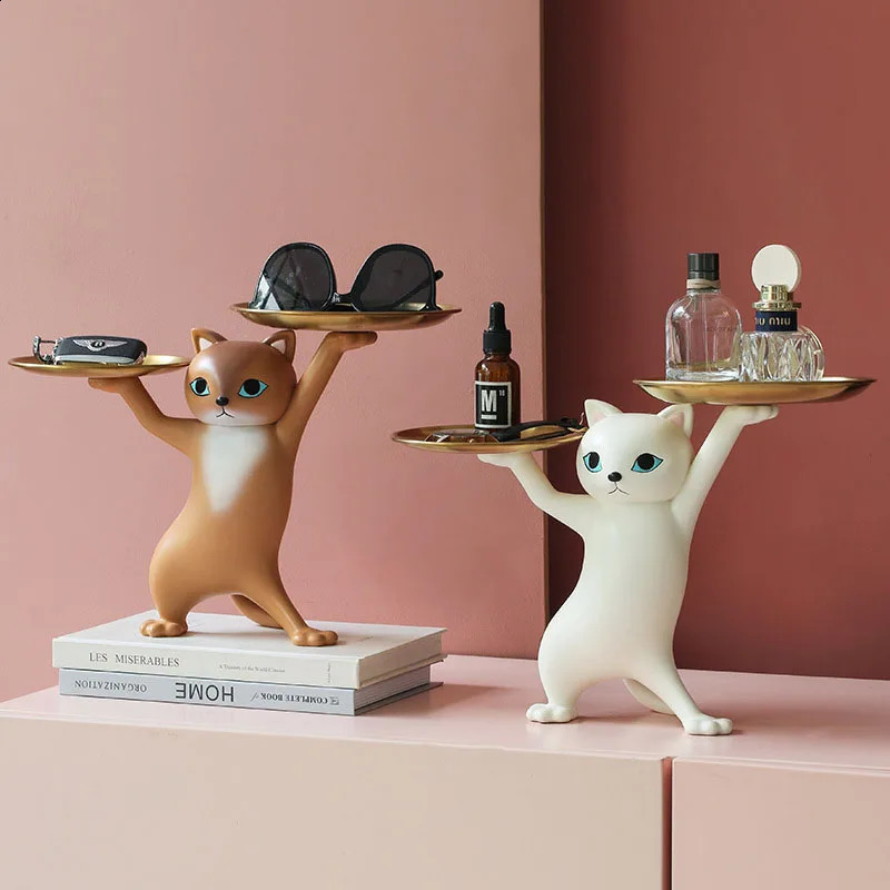 Creative Cat Tray Desktop Candy Storage Tray Container Resin Figurines Interior Entrance Key Home Office Table Decor Accessorie 240812