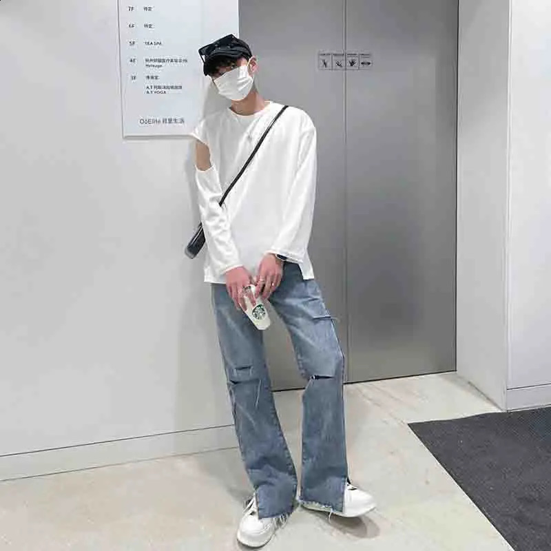 Cold Shoulder Slit Fork Long Sleeve Men T Shirts Summer Fashion Ripped Hole Personality Hip Hop Punk Black White Oversized Tops 240812
