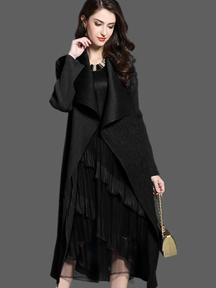 Women Fashion Pleated Long Windbreaker Turn Down Collar Open Cardigan Black Green Gray Red Khaki Female Clothing Coat Shawl 240813