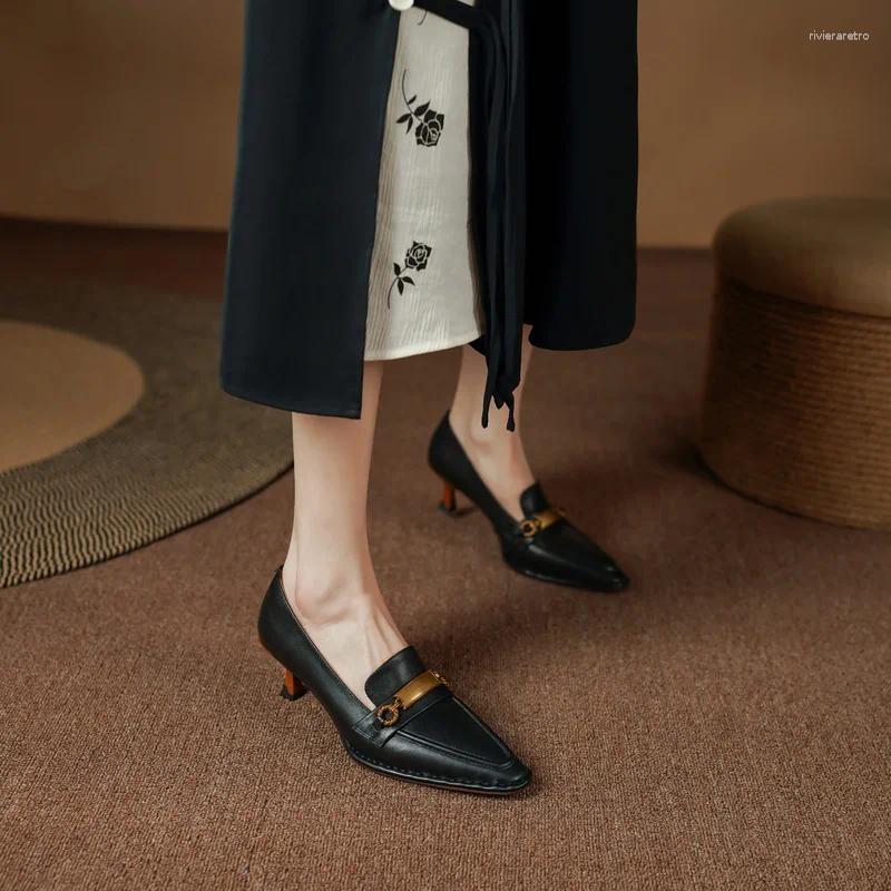 Dress Shoes Genuine Leather Retro Women 6cm High Heels SmallHut Spring Black Brown Green Square Toe Pumps Metal Decoration Lady Party