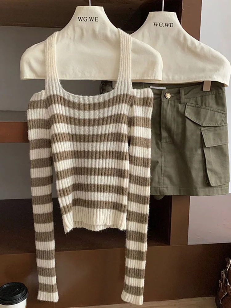 Sweet Preppy Style Classical Striped Sweater Women Halter Knitted Pullover High Street Casual Jumper Japanese Y2k Autumn Winter 240812