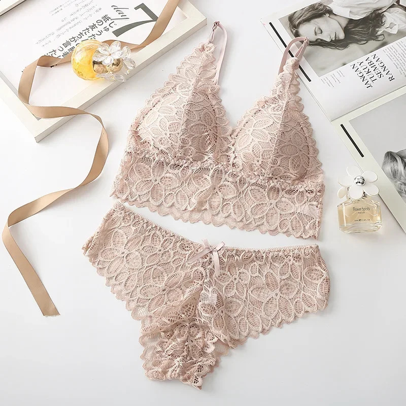Women Sexy Lace Embroidery Intimates Lingerie Underwear Set Seamless Wire Free Bra Sets Hollow Out Bra and Panty Sets For Women 240812