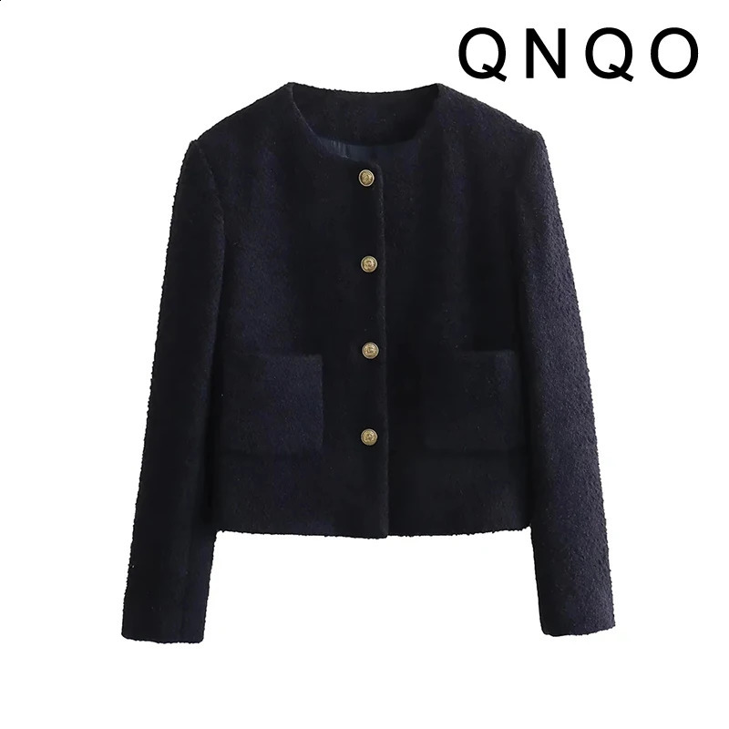 QNQO Winter Clothes Women Jackets Tweed Thicken Warm O-Neck Single-breasted Coats Fashion Casual Vintage Female Jacket 240812