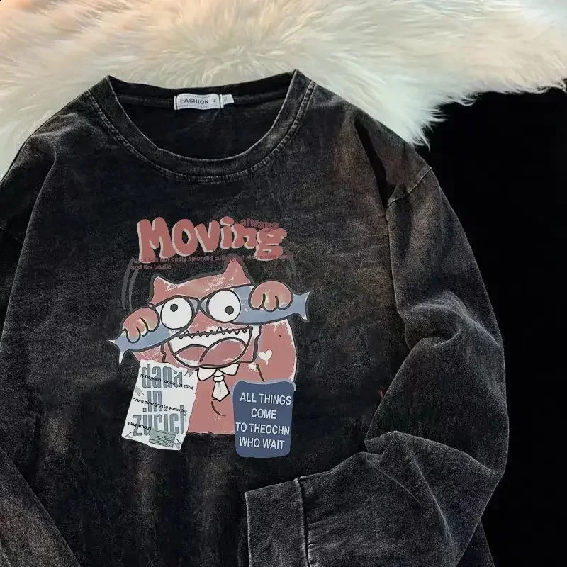 Foufurieux Punk Cotton Long-sleeved T-shirt Men Spring Autumn American Retro Letter Print Oversize Washed Distressed Sweatshirt 240812
