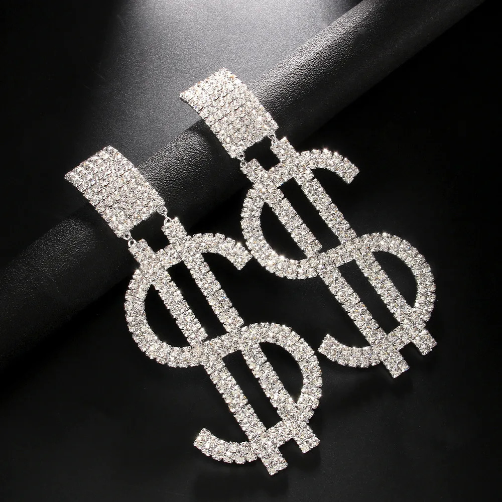 Novelly Rhinestone Super Large Dollar Icon Pendant Earrings for Girls Crystal Geometry Statement Pendant Earring Accessories 240810