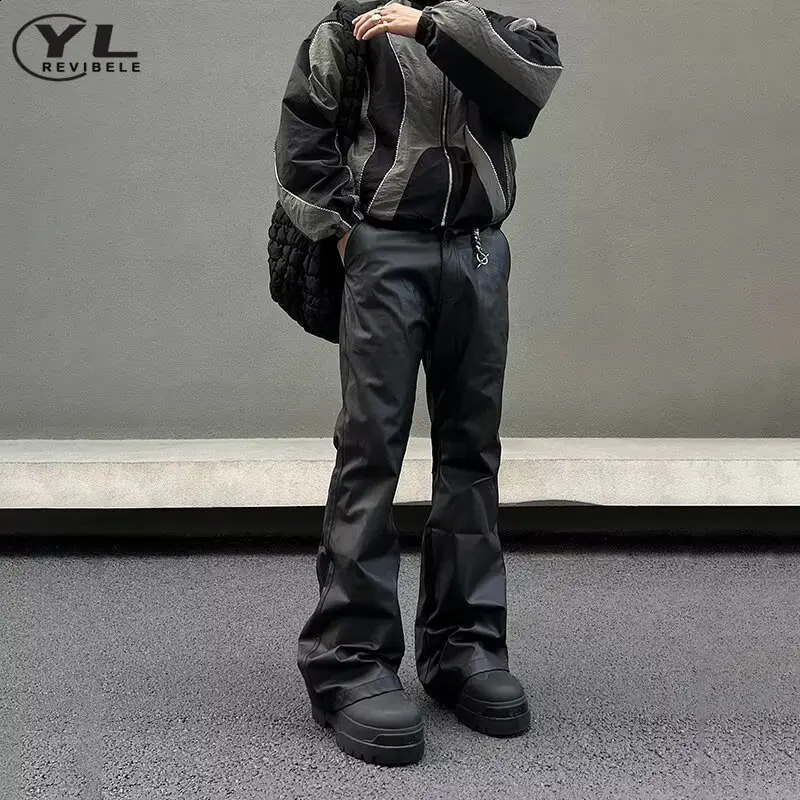 High Street Black Leather Pant Men American Vintage Casual Straight Micro Horn Pants Gothic Functional Loose Trousers Autumn 240812