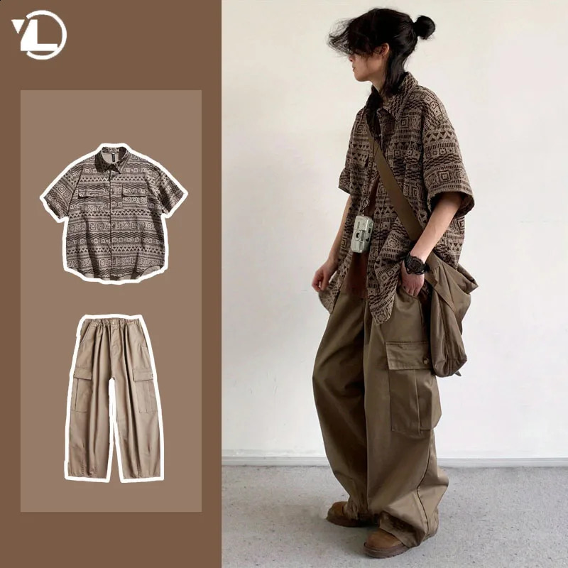 Summer Japanese Casual Set Mens Stripe Printing Loose Shirtbig Pocket Wide Leg Overalls Suit Street Harajuku Two-piece Set 240813