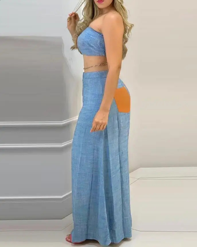 Two Piece Sets Womens Outifits Summer Fashion Colorblock Bandeau Sleeveless Shirring Crop Top Casual Wide Leg Long Pants Set 240813