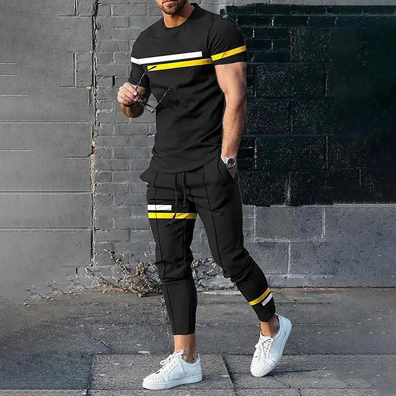 Summer Male Loose Casual Printing T-shirt Elastic Waist Pants Set Men Short Sleeve Street Style Pullover Tee Sweatpants Homme 240813