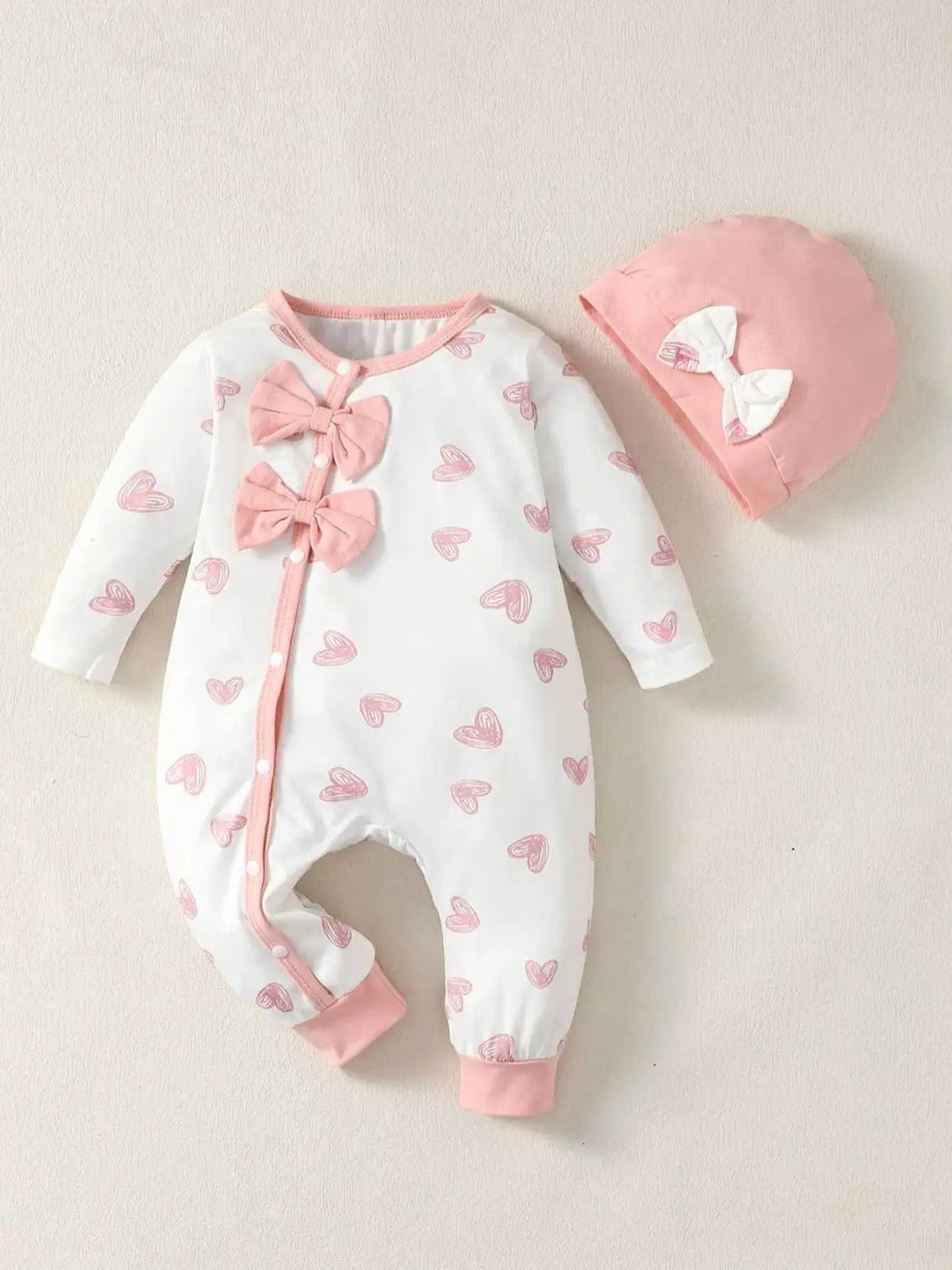 0-2 year old newborn baby Gilr spring summer round neck bow long sleeved love printed pants jumpsuit W240812