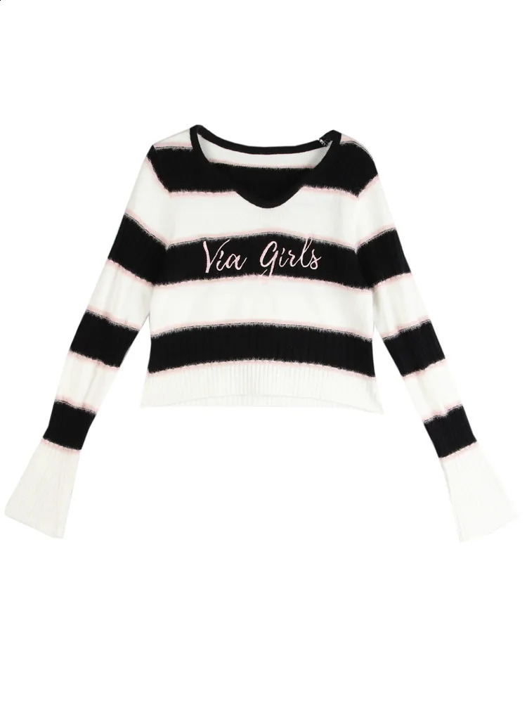 Deeptown Y2K Vintage Striped Cropped Sweater Women Harajuku Kpop Slim Long Sleeve Pullover Korean Contrast Knitwear Tops Jumper 240812