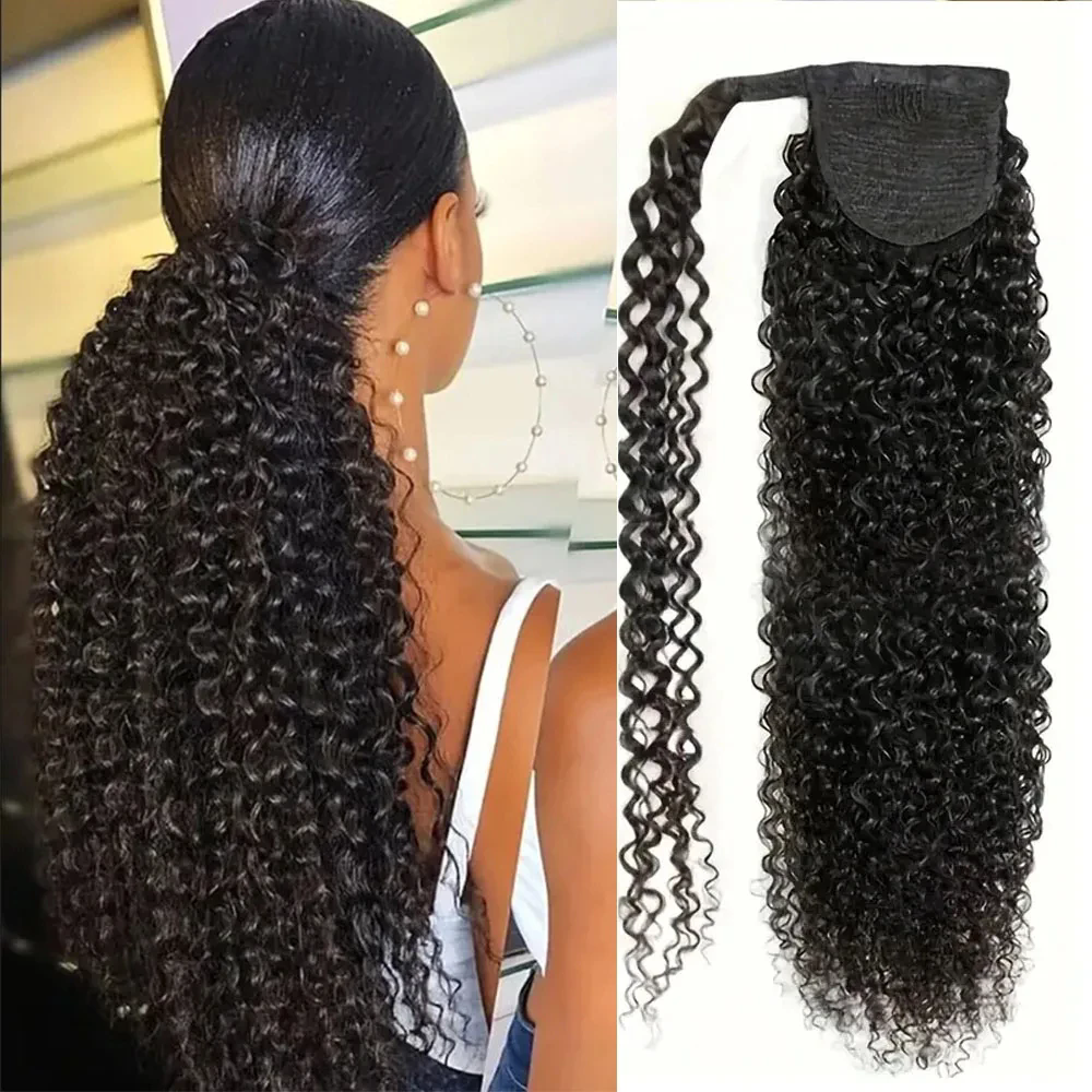 Long Kinky Curly Natural Color Wrap Around Human Hair Magic Paste Ponytail 100% Brazilian Human Hair Extension 160g