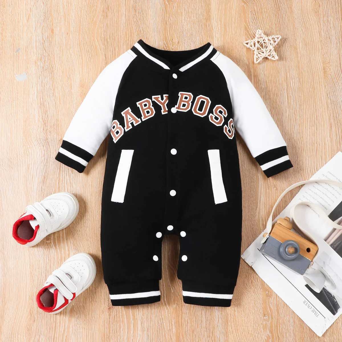 Fashionable letter printed black long sleeved round neck baby jumpsuit W240812
