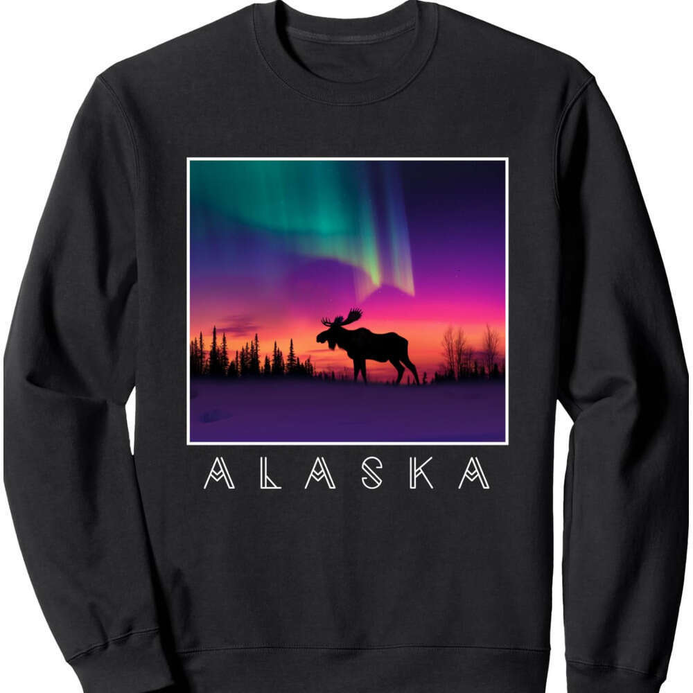 Long Sleeve Shirts For Men Sweatshirt Moose - Aurora Borealis Alaska State &Amp; Landscape Sweatshirt T Shirt Graphic Tee Streetwear Casual Tops Cloth