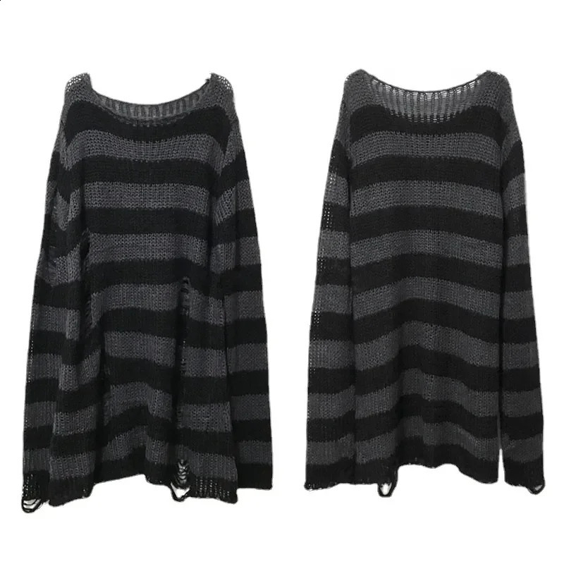 Punk Gothic Long Unisex Sweater Summer Women Striped Cool Hollow Out Hole Broken Jumper Loose Rock Thin Dark Streetwear Top 240812