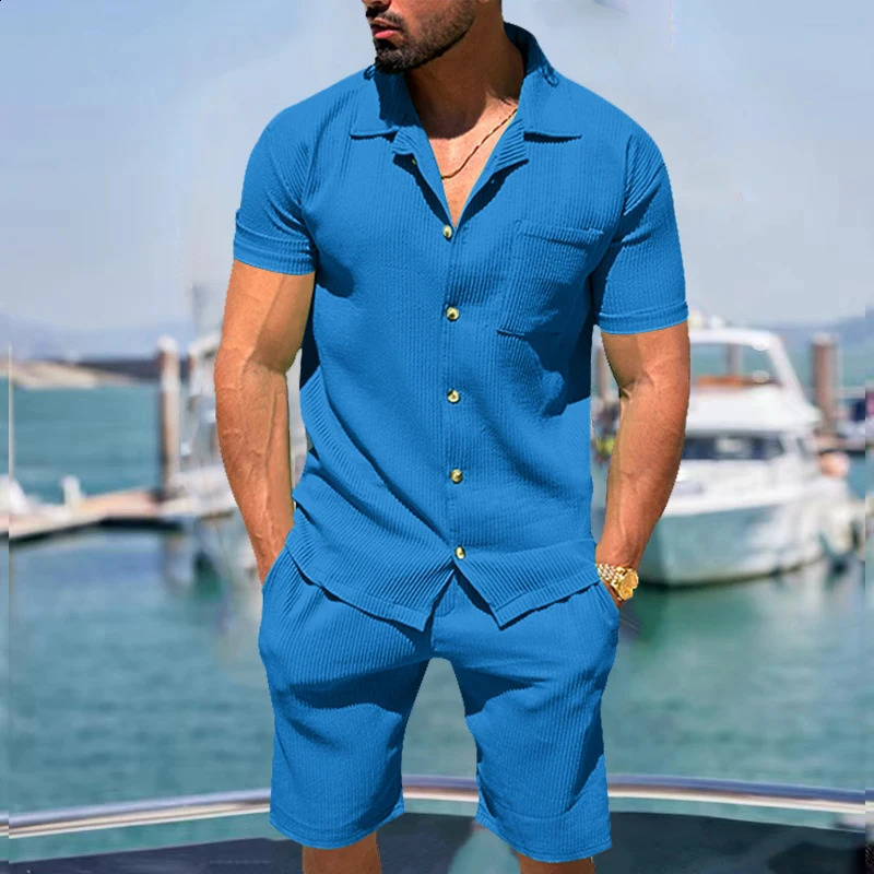 Mens Lapel Casual Cardigan Shorts 2 Pieses Sets Summer Fashion Solid Color Vertical Striped ShortSleeved 240812