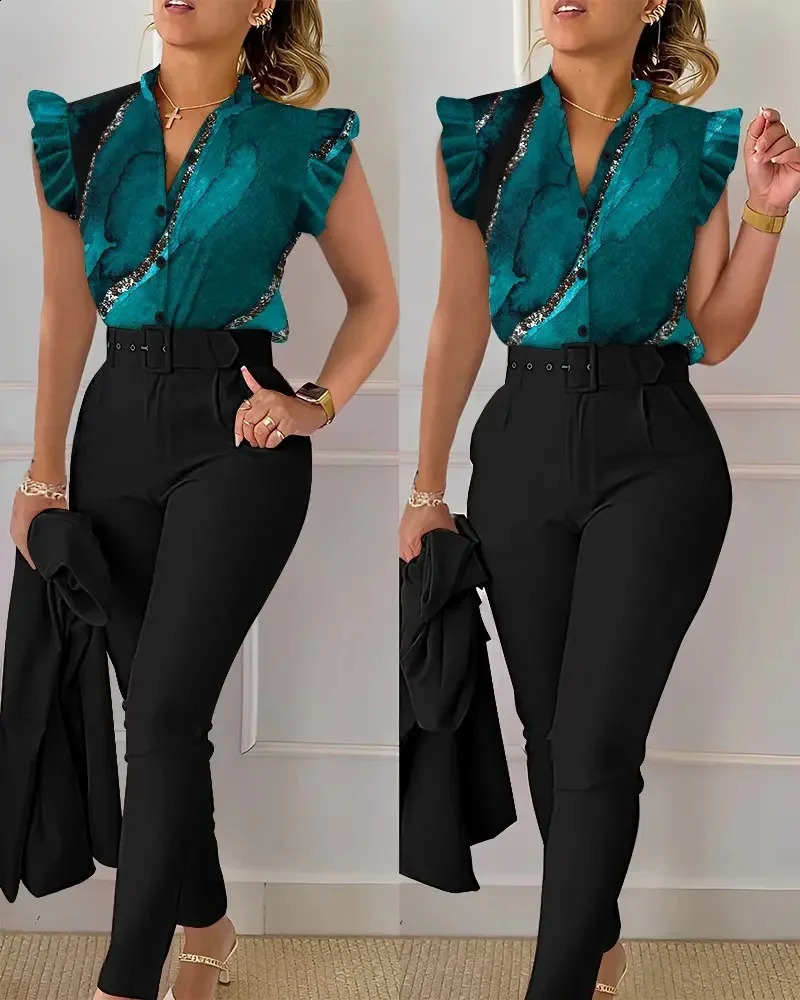 Elegant Print Shirt And Pants Two Piece Sets Women Pants Spring Autumn Fashion Long Sleeve Shirts High Waist Pant Casual Suits 240813