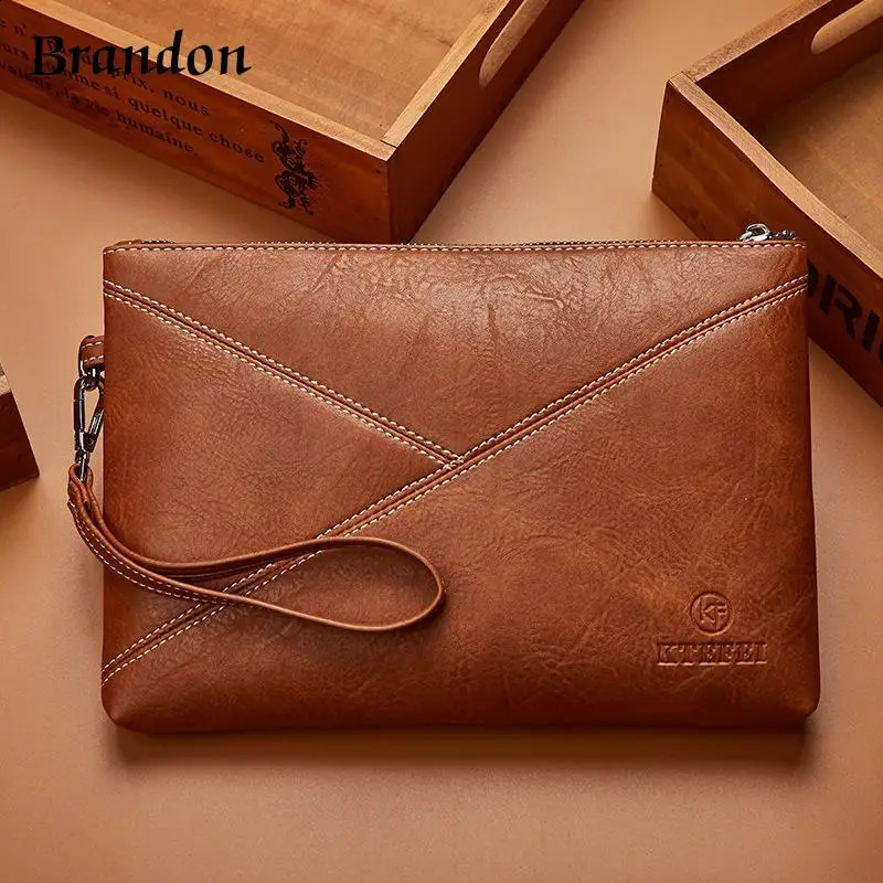 high-end PU material European and American retro mens handbag business casual handbag lightweight underarm storage bag 240812