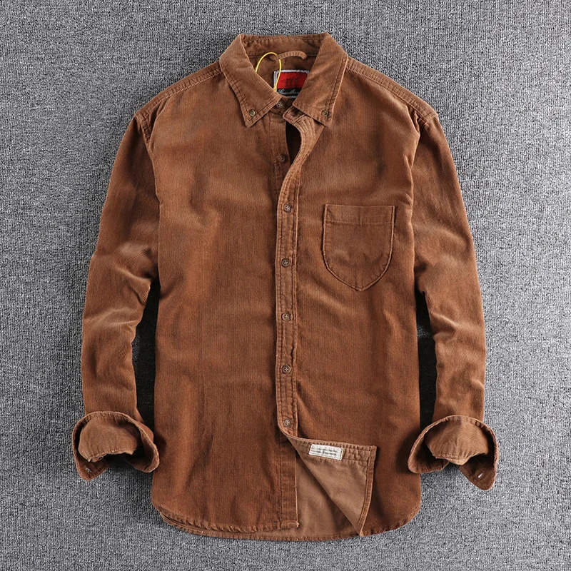 Spring/Summer American Retro Corduroy Solid Color Product Shirt Mens Pure Cotton Long Sleeve Pocket Casual Shirt 240827