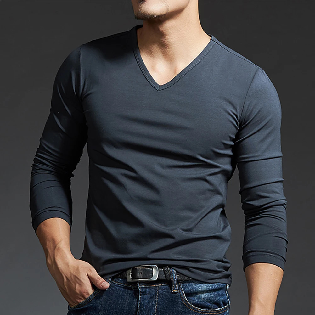 Men's T-Shirts Men's Tees & Polos Casual Mens Long Sleeves V Neck Slim T-Shirt Solid Color Activewear Tops Tee Undershirt Free shipping Men&