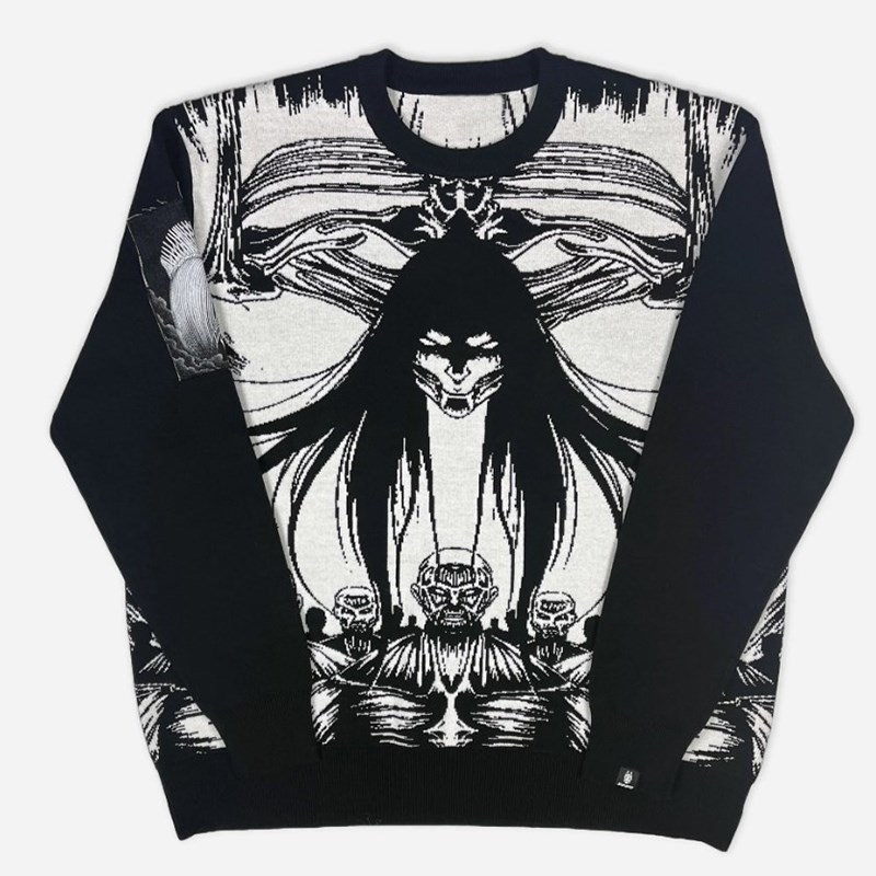 Hip Hop Streetwear Knitted Sweater men Gothic Anime Print Pullover autumn Harajuku Cotton sweater women Oversized Sweater 240812