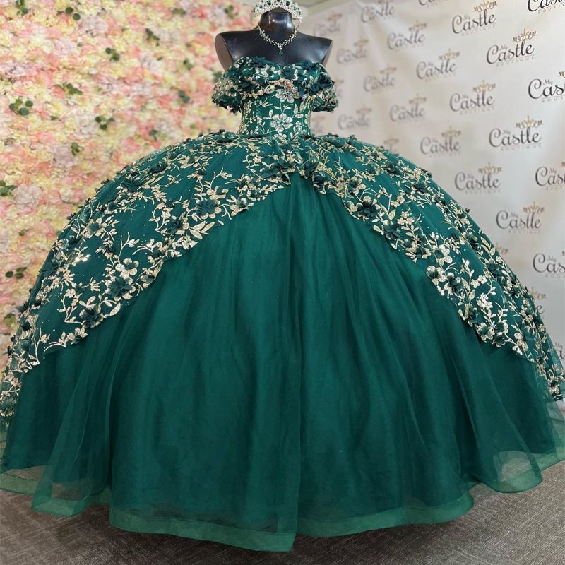 Sparkly Blackish Green Princess Off Shoulder Quinceanera Dresses Gold Lace Applique Tull Sweet 16 Ball Gown Vestidos De 15 Anos