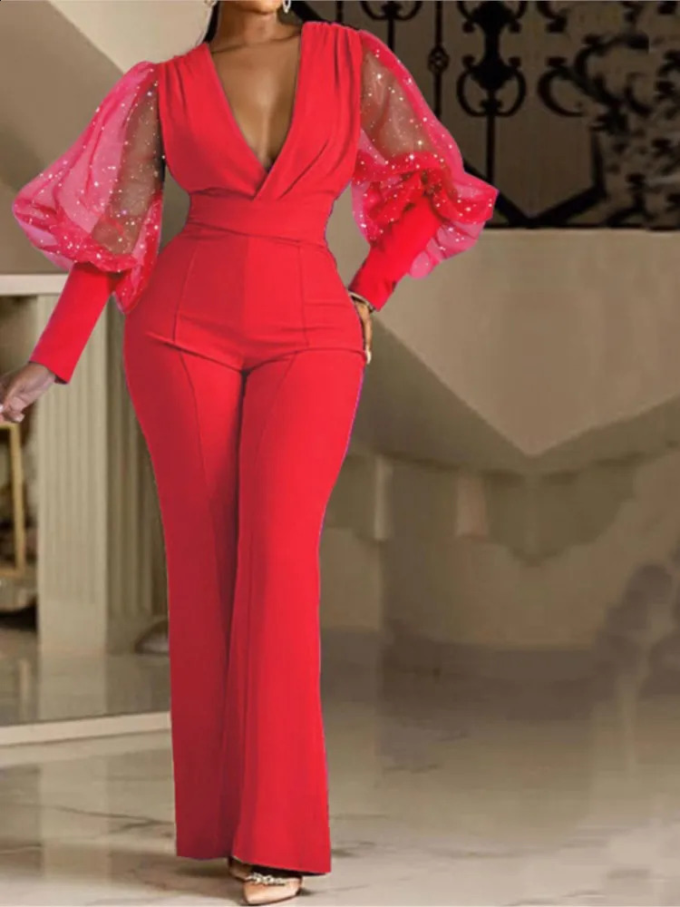 Ladies Elegant Office Jumpsuit Romper For Women High Waist Wedding Overalls Sequins Bodycon Long Sleeve Party Jumpsuit Club 240813