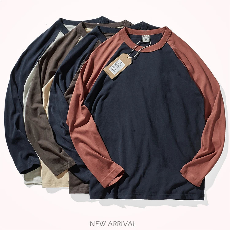 Autumn American Retro Long Sleeve O-neck Contrast Splicing T-shirt Mens Fashion 100% Cotton Washed Old Casual Sport Tops 240812
