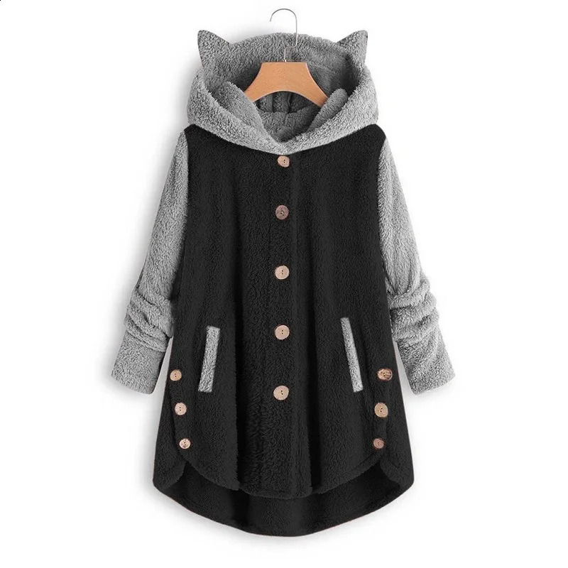 Cat Print Long Hoodies Sweatshirt Women Fleece Warm Button Pocket Pullovers Cat Ear Plus Size Hoodie Top Blouse Sweat Femme 240813