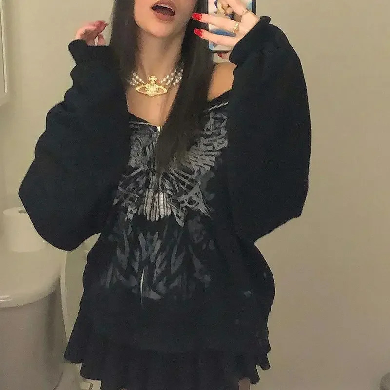 Combhasaki Y2K Gothic Style Women Casual Long Sleeve Loose Cardigan Harajuku Vintage Butterfly Printing Zipper Hooded Sweatshirt 240812