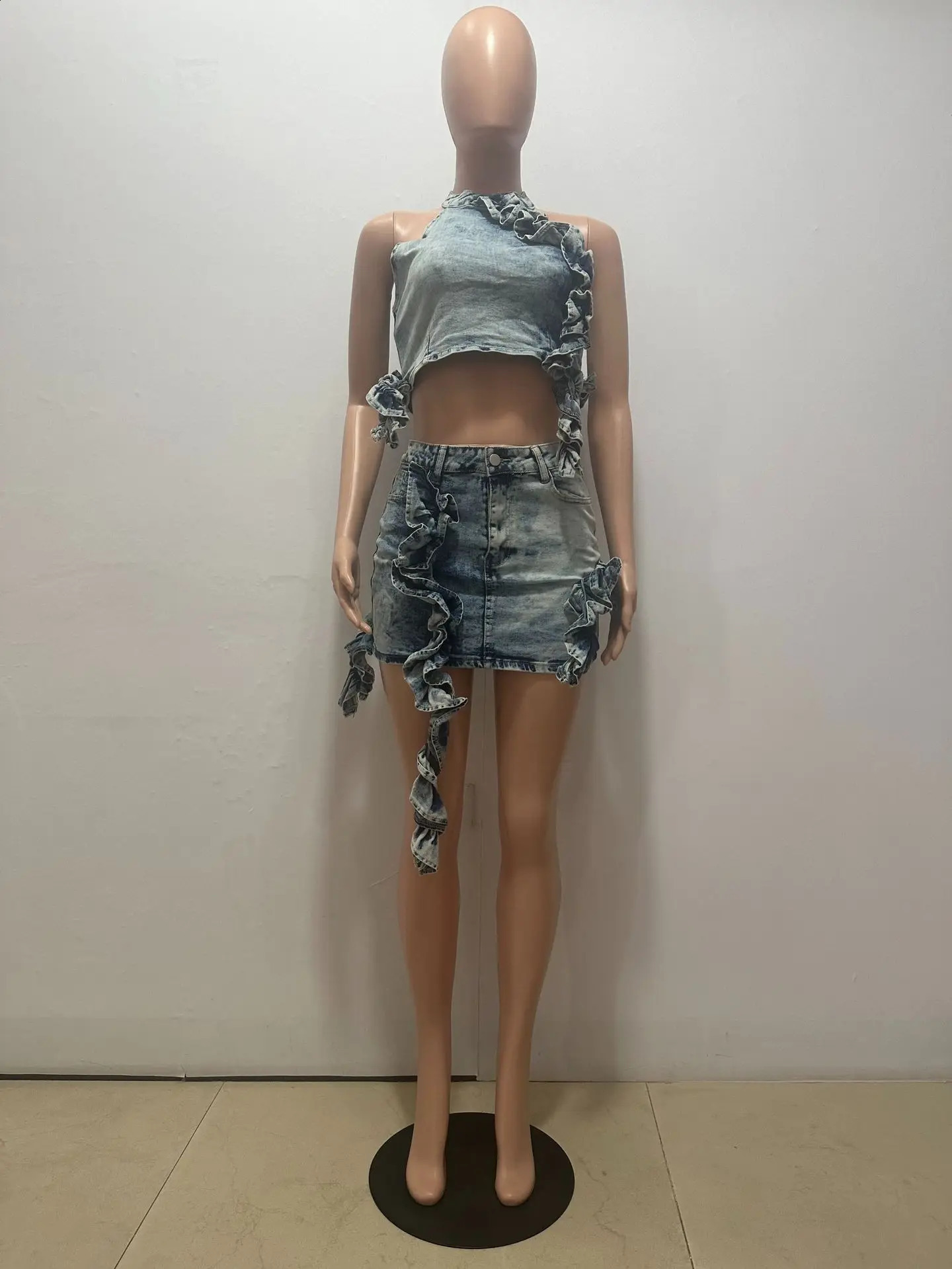 CM.YAYA Denim Womens Set Sleeveless Selvedge Elastic Washed Crop Top Mini Skirts Two 2 Piece Sets Outfits Street Tracksuit 240812