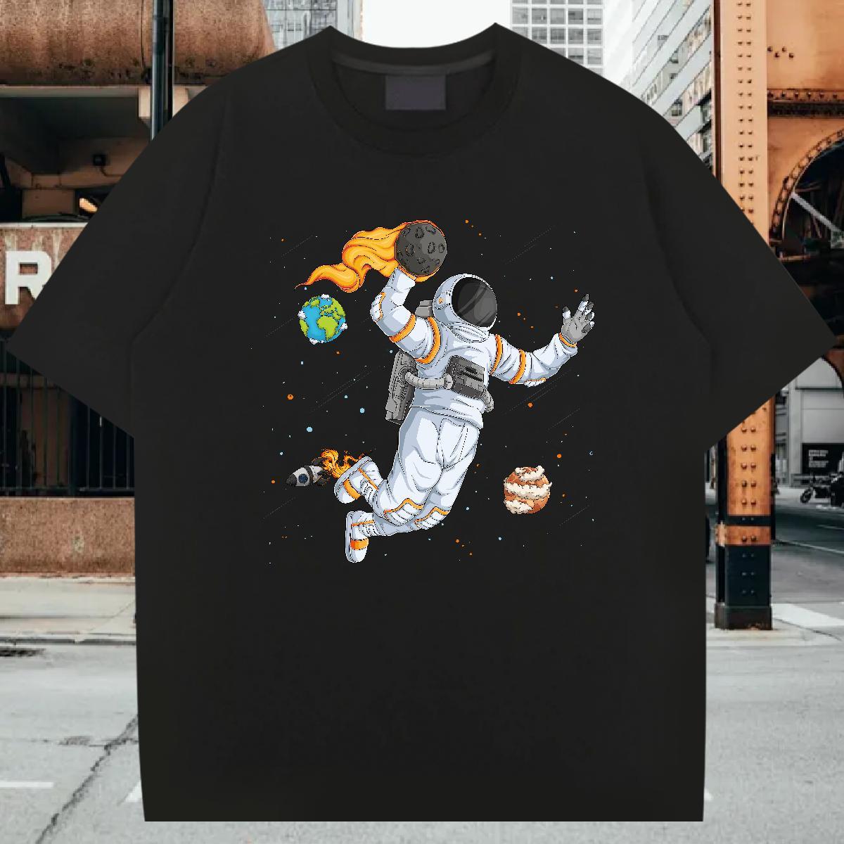 T-Shirts 230g Pure Cotton cosmonaut Casual Beach Breathable Crew Neck Oversized 4XL Men Tops Tees 2024 Summer Wholesale Polos
