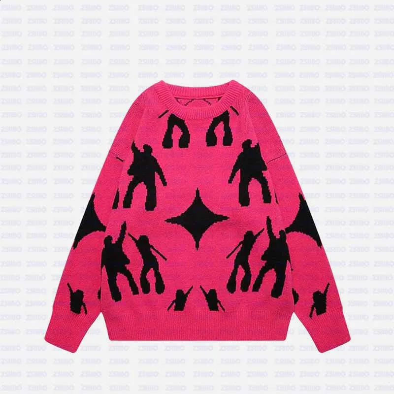 Womens Knitting Gothic Anime Print Pattern O Neck Pullover Sweater Streetwear Girls Oversized Harajuku Knitwear Mens Y2k 240809